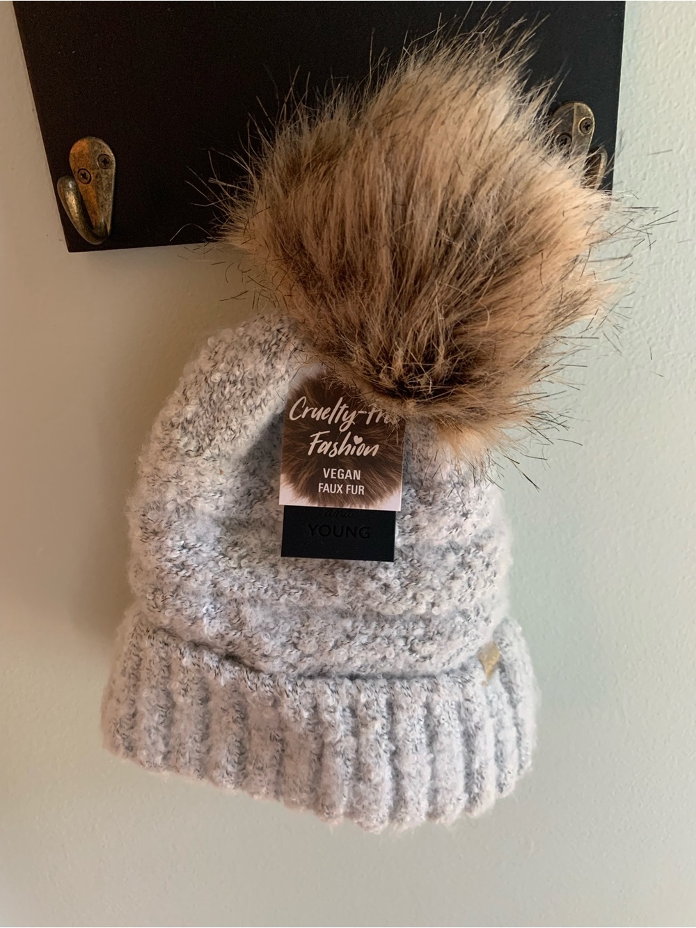 David & Young Cream Knit Hat with Faux Fur Pom -